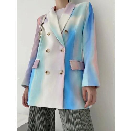 Shawl Collar Overcoat Women Pastel Color Chic Fashion Rainbow Tie Dye Loose Fit Long Suit