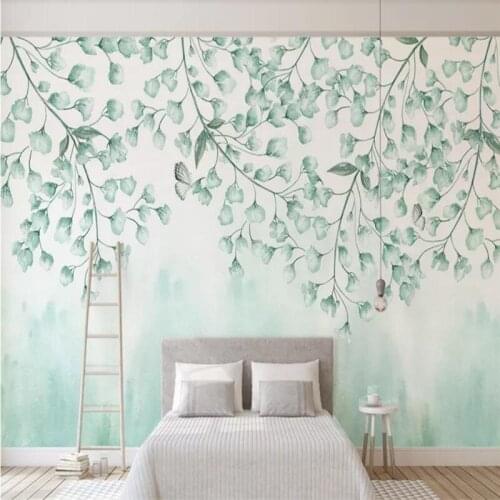 Custom wallpaper fresh green leaves watercolor TV background wall decoration - high-grade waterproof material