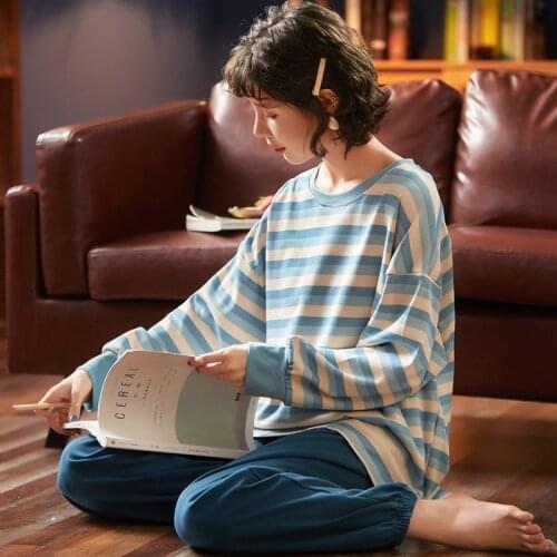 Casual Striped Long Sleeve Cotton Pajama Sets for Women 2021 Autumn Winter Loose Sleepwear Pyjamas Homewear Pijama Mujer Clothes