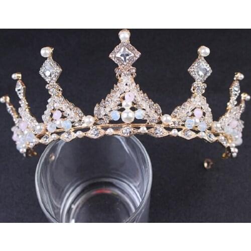 Bride gold rhinestone crown handmade Headband Crystal Beaded Wedding dress accessories