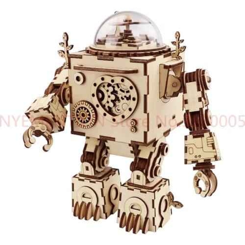 Robotime Steampunk Rotatable DIY Robot Wooden Clockwork Music Box Home Decor Beauty Gifts For Friends Children 20pcs
