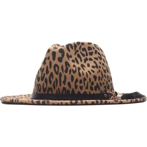 Fisvds New Fashion Fedoras Hat Women Leopard Print Wide Brim Jazz Hats Woolen Men Vintage Gentleman Elegant Jazz Cap