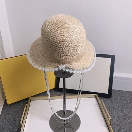 2021 New Women Natural Raffia Straw Sun Hat Sweet Lace Edge Brim Beach Summer Hat Chain Decorated Sunshade Bonnet Enfant Chapeau