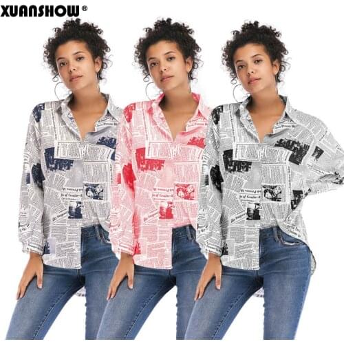 XUANSHOW 2020 Spring Blouse Women Vintage Newspaper Print Fashion Loose Turn-down Womens Tops and Blouses Ropa Mujer Plus Size