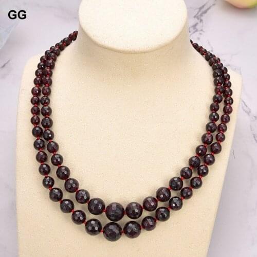GuaiGuai Jewelry 19" 2 Strands Round Faceted Graduated Garnet Necklace