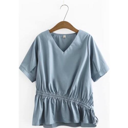 Plus size Short sleeve V-neck drawstring waist cotton women summer t shirt 2021 ladies rose Red white blue tee shirts femme