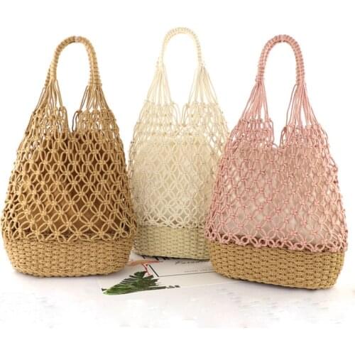 Women Woven Mesh Shopping Bag Cotton Rope+straw Weaving Reticulate Hollow Straw Bag Net Shoulder Bag Beach Holiday Bags