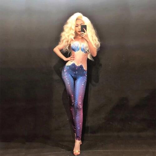 Bright Stones Jeans Printed Jumpsuit Rhinestones Skinny Leggings Nightclub Show Womens Birthday Party Prom DS Outfit Stage Wear