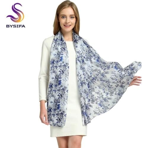 BYSIFA Brand Blue White Silk Scarf Shawl Women Fashion Accessories Spring Autumn 100% Silk Long Scarves Capes Elegant Head scarf
