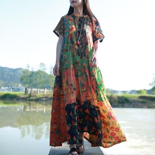 LZJN Trendy Summer Beach Bohemian Dress Women Short Sleeve Ethnic Cotton Linen Patchwork Boho Maxi Long Shirt Dresses