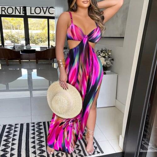 Women Colorblock Cutout Waist High Slit Maxi Dress Sexy Party Dress Summer Dress