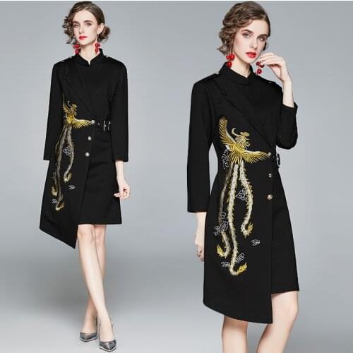 Spring and autumn womens phoenix embroidered slim-fit mid-length long-sleeved dress