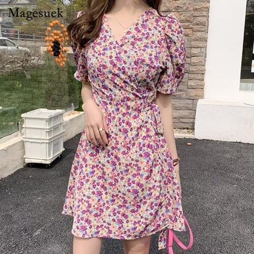 2021 Summer New Korean Women Dress Chiffon Printed V-neck Mini Dress Sweet Puff Sleeve High Waist Pink Slim Dress Vestido 14891