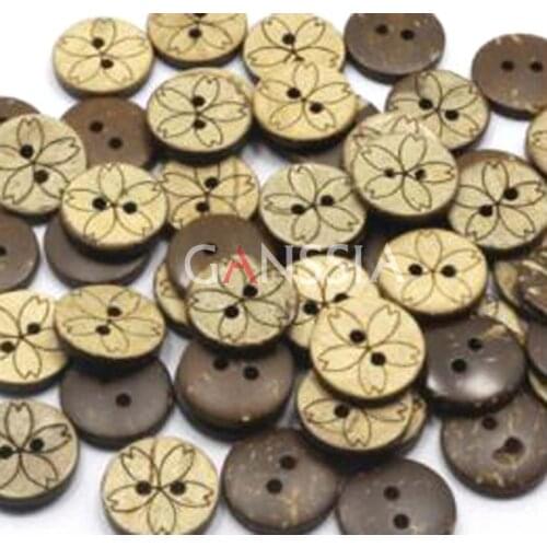 50pcs/lot Round Natural coconut Button 2 Hole Flower Pattern Button Clothing Sewing Accessories(ss-907)