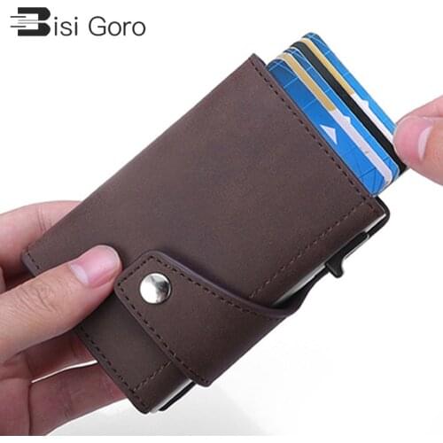 BISI GORO RFID Blocking Protection Men ID Credit Card Holder Wallet PU Leather Metal Aluminum CreditCard Business Bank Card Case