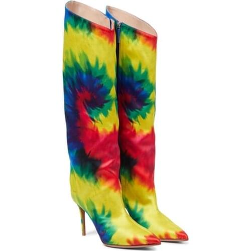 Brand Women Boots Fashion High Heels Knee High Boots Faux Leather Pointed Toe Thin Heel Boots Winter Warm Female Boots Color