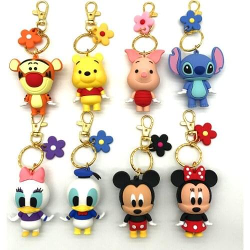 Disney Dolls PVC Mickey Keychains For Girls Bag Charms Car Pendant Keyrings Cartoon Stitch Mickey Minnie Keychains