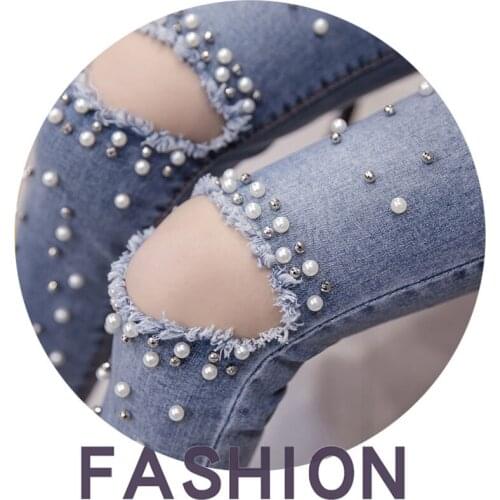 Women Fashion Destroyed Ripped Pearled Slim Denim Pants Boyfriend High Street Jeans Daily Casual Trousers Ladies Womens Nz063