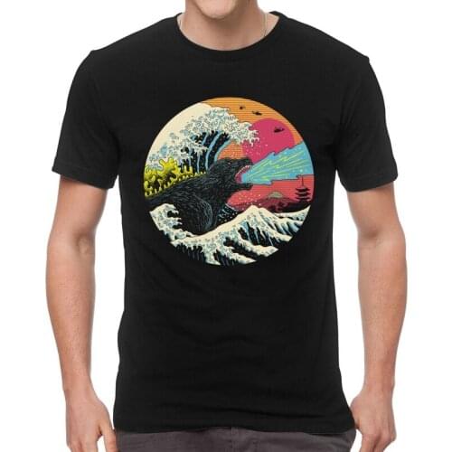Japanese Fashion Retro Wave Kaiju T Shirt Mens 100% Cotton Print T-shirt Fashion Tshirt Short Sleeve Vintage Monster Tee Top