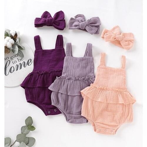 Baby Summer Clothting Newborn Baby Girls Sleeveless Solid Bodysuit Jumpsuit Headband Outfit Set Clothes 6-24Months Drop Shipping