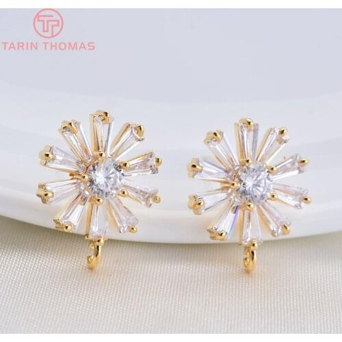 4PCS 12x15MM 24K Gold Color Brass with Zircon Flower Stud Earrings High Quality Diy Jewelry Findings Accessories