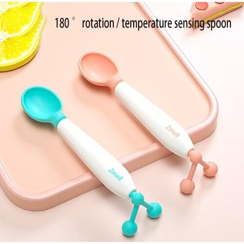2020 new childrens scoop, rotatable training scoop, baby temperature sensitive scoop,auxiliary food eating Spoon Baby tableware