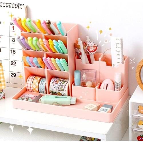 5Pcs/Set Multifunctional 4 Grid Pen Holder Desktop Organizer Large Capacity Makeup Plastic Storage Box Pencil Stand Free Sticker