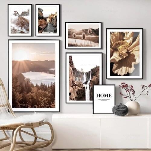 Fall Mountain Scenery Nordic Posters Waterfall Sea Clover Wall Art Canvas Painting Modular Wall Pictures for Living Room Decor