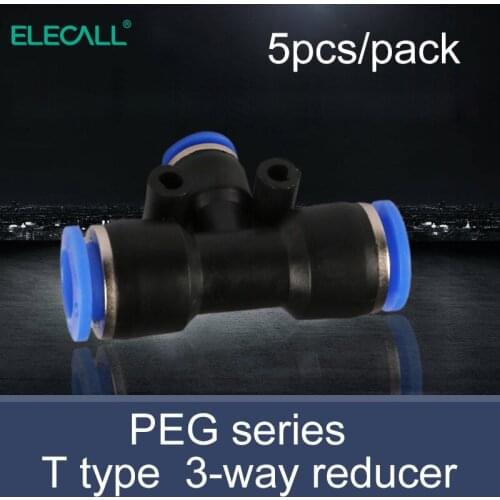 ELECALL 5pcs pneumatic fittings T-type 3-way push thread quick connector Air Quick Fitting Plug PEG6/PEG8/PEG10/PEG12
