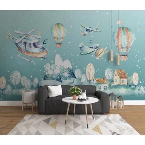 Custom wallpaper HD 3D Hand drawn cartoon hot air balloon over village landscape painting living room bedroom TV background wall