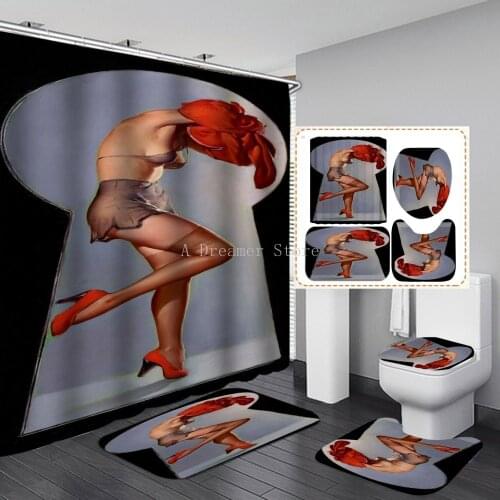 Sexy Woman Shower Curtain Toilet Mat Floor Mat 4 Piece Set Thick Polyester Shower Curtain Bathroom Shower Curtain