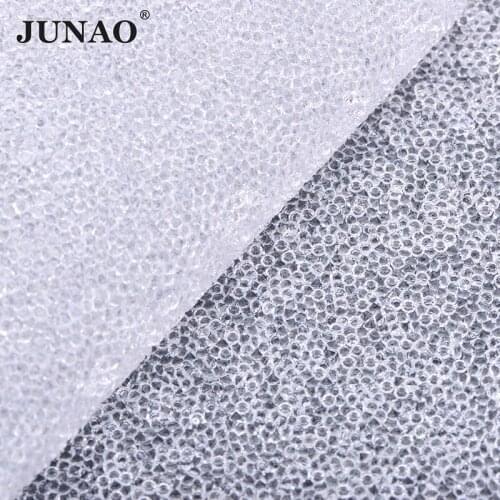 JUNAO 24*40cm Transparent Clear Hotfix Rhinestone Mesh Crystal Fabric Trim Resin Applique Self-Adhesive Strass Stickers Banding