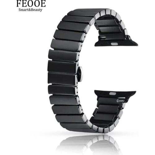 FEOOE Suitable for Iwatch3 Apple 4 Watch Strap New Black and White Ceramic Bracelet Stainless Steel Butterfly Buckle Strap LXY
