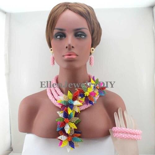Luxury African beads jewelry sets Flowers beaded Necklace sets nigerian Wedding beads Pink Crystal Party Gift W13280