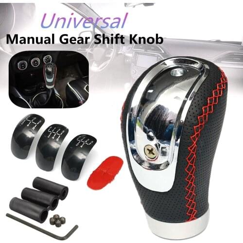 5 6 Speed Black PU Leather Manual Car Gear Shift Knob Shifter Lever Handle Stick Universal with 3 Caps for all car