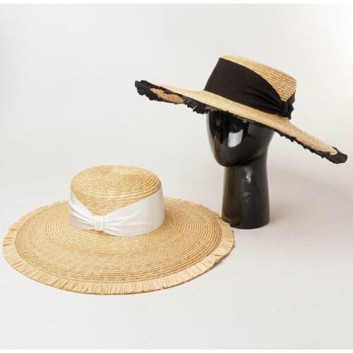Fashion Elegant Summer Beach Hat For Women Female Straw Hat Bow Ribbon Big Wide Brim Panama Boater Hats Flat Top Sun Hat Chapeau