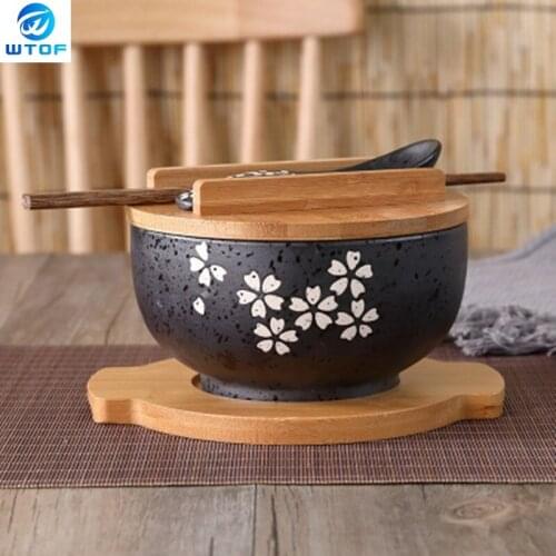 Japanese Bowl Instant Noodles Tableware Dining Room Tableware Salad Ceramic Bowl Bring Wooden Spoon Wooden Chopstick