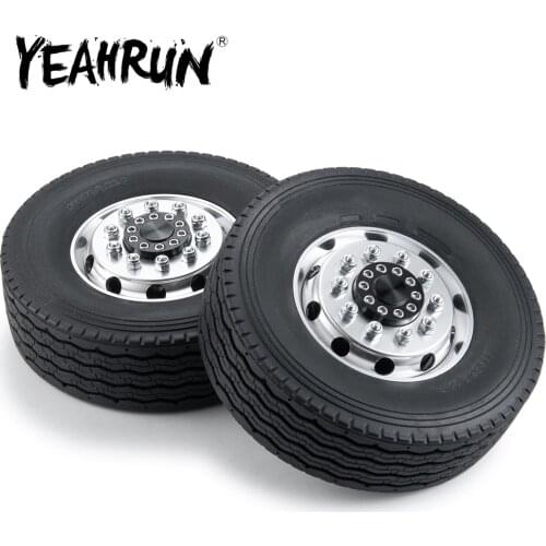 YEAHRUN 2Pcs Metal Front Wheel Hub Rims with 28mm Width Black Rubber Tires for 1/14 Tamiya RC Trailer Tractor Truck Car Parts