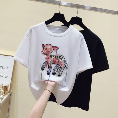 2021 Cotton Summer Tees Tops animal embroidery Woman Plus Size Short Sleeve Oversized T shirt Big Girls Clothing Tshirt White