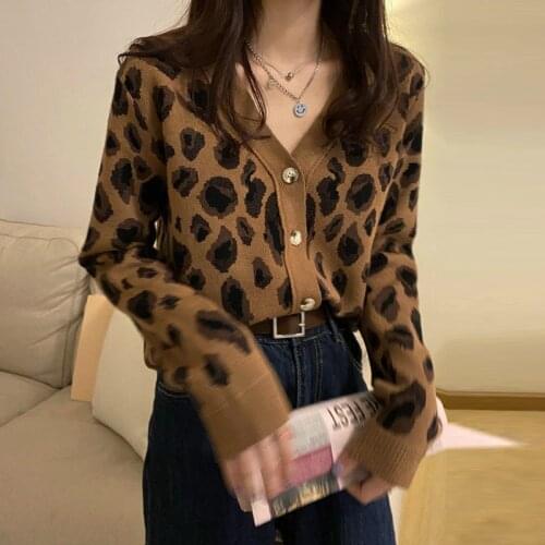 Women Autumn Cardigans 2021 New Korean V-neck Cardigan Top Leopard Loose Slim Long Sleeve All-match Sweaters Female Tops PL437