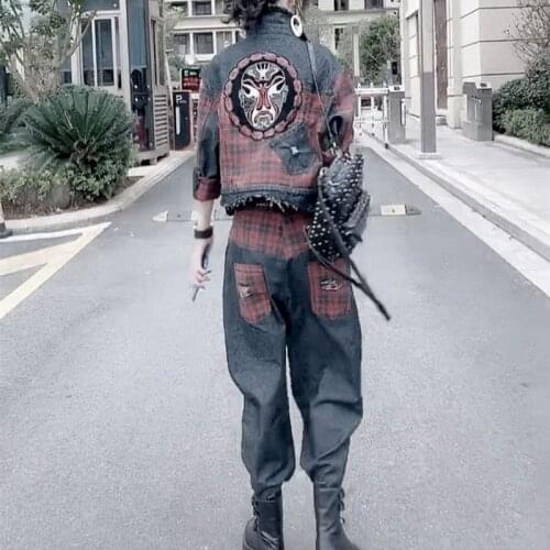 2021 Spring Autumn New Womens Suits Fashion Loose Casual Printed Plaid Jacket Harem Jeans Two Piece Sets Women Denim Jackets