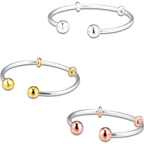 Snake Chain Open Bangles 925 Sterling Silver Charms Bracelets & Bangles Round Ball Ends Rose Golden & Shine Jewelry