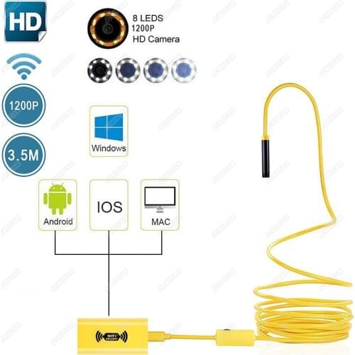 1M 2M 5M WIFI Endoscope 1200P HD Camera 8mm For Android IOS iPhone Wire pipe Snake Camera Car Inspection Camera Semi-Rigid Cable