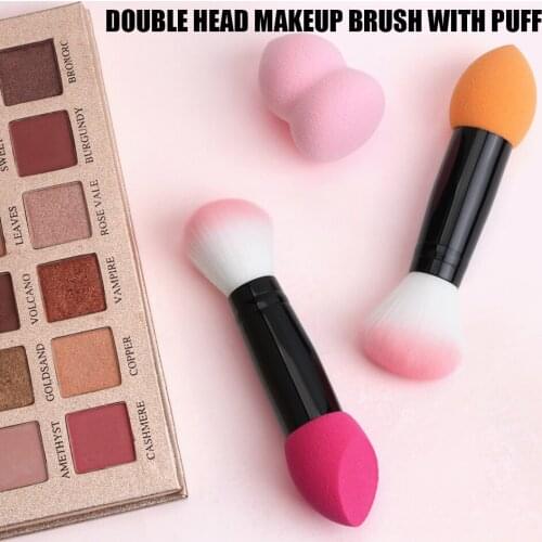 2Pcs/set Makeup Portable Double Head Makeup Puff Blush Brush Loose Powder Double-End Makeup Brush Sponge with Cosmetic Puff