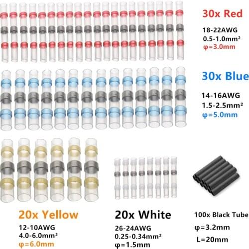 200pcs/set Electrical Wire Connectors Heat Shrink Solder Sleeves Waterproof Fast Butt Terminals Heat Shrinking Tube Assorted Kit