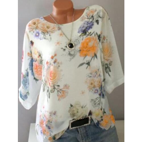 Vintage Flower Print Top Short Sleeve Chiffon Shirts Women Blouses Casual White Shirt Elegant Ladies Summer Blouse Plus Size 5XL