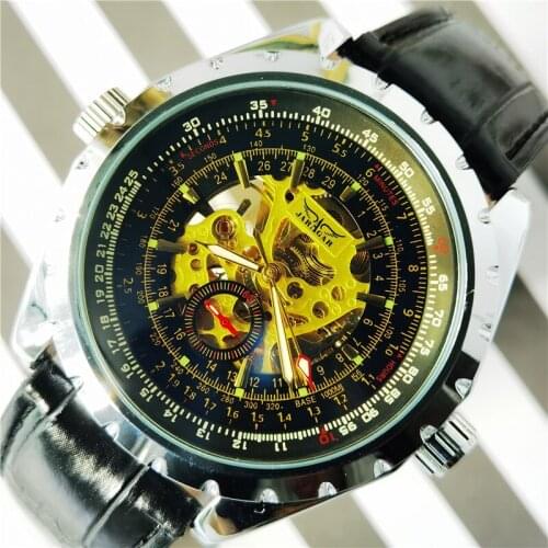 Jaragar Calibration Dial Display Golden Movement Inside Transparent Case Mens Automatic Mechanical Watch Luxury Male WristWatch