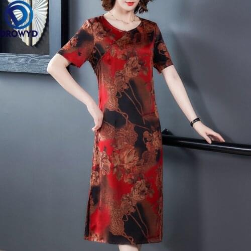 Elegant Vintage Red Floral Mulberry Silk Satin Dress Summer Casual 4XL Plus Size Short Sleeve Dress Women Bodycon Party Vestidos