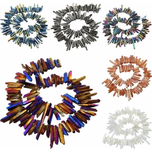 TUMBEELLUWA Titanium Coated Crystal Points Quartz Rough Sticks Spikes Point Beads Strand Drilled