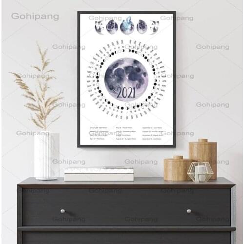 2021 Moon Phases Calendar Canvas Painting Usa & Europe Time Zones Calendar Picture Print Wall Art Poster Living Room Home Decor